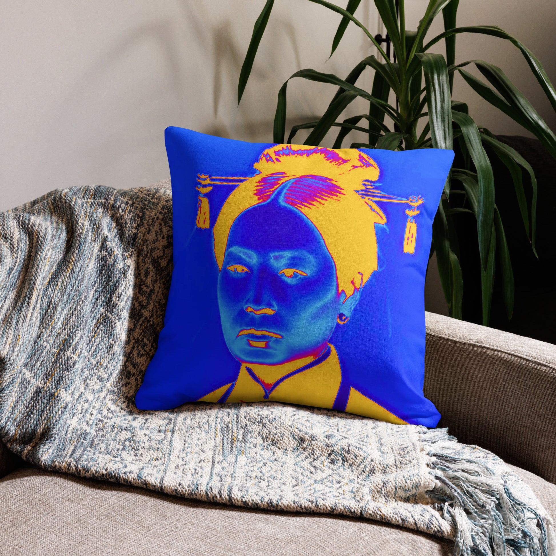 Blue Auntie design by Kirsten Blackburn on premium pillow 22x22