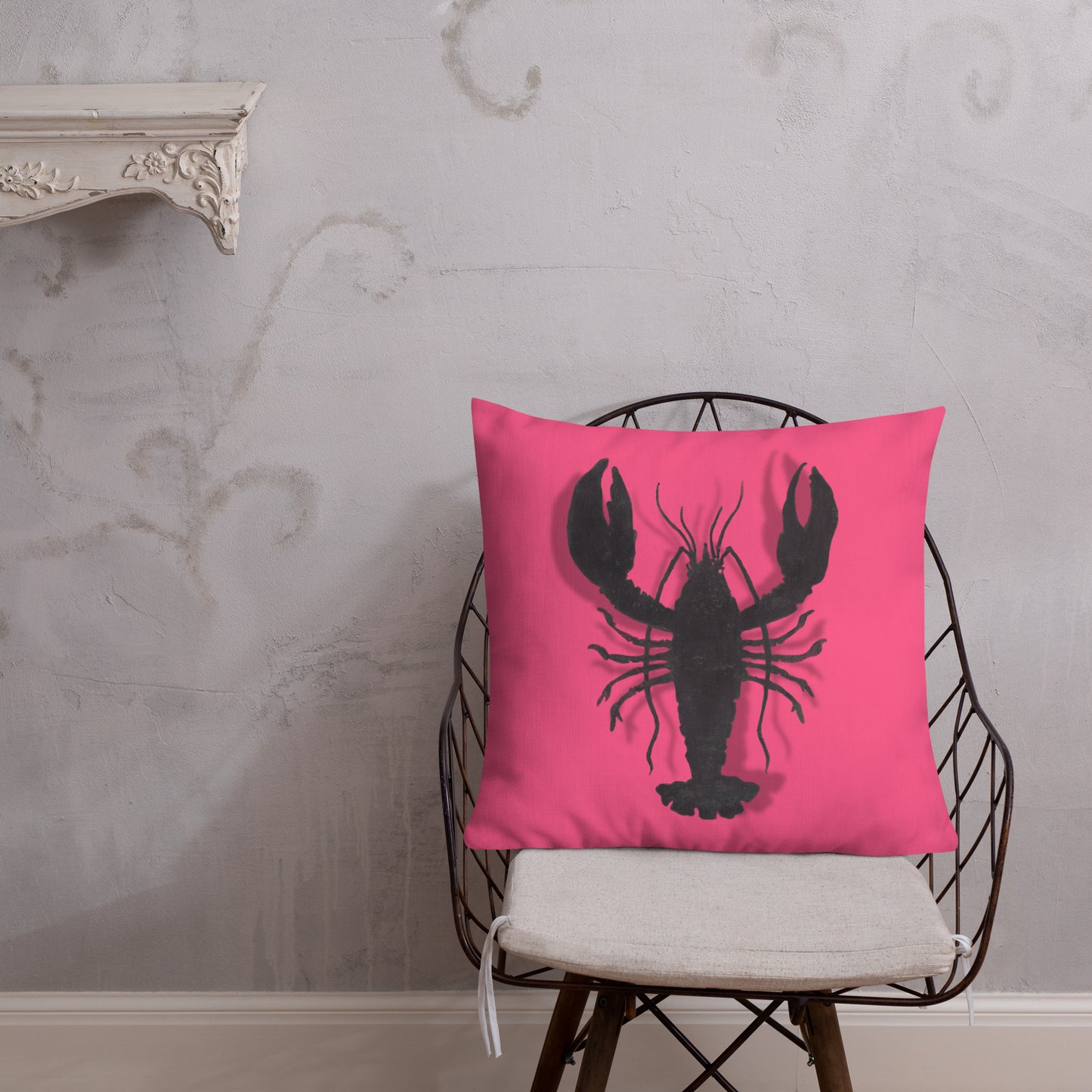 Black Lobster On Pink design by Kirsten Blackburn on 22 x22 premium pillow