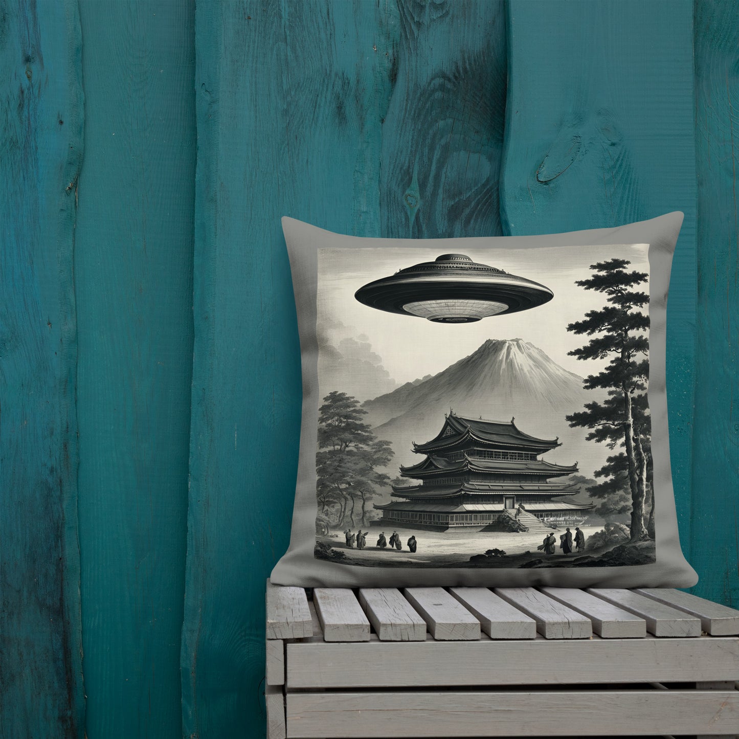 Temple UFO design by Kirsten Blackburn on premium pillow 22x22