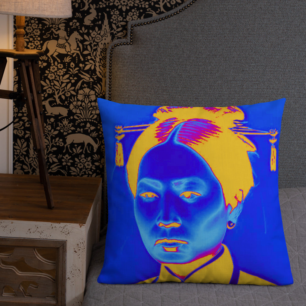 Blue Auntie design by Kirsten Blackburn on premium pillow 22x22