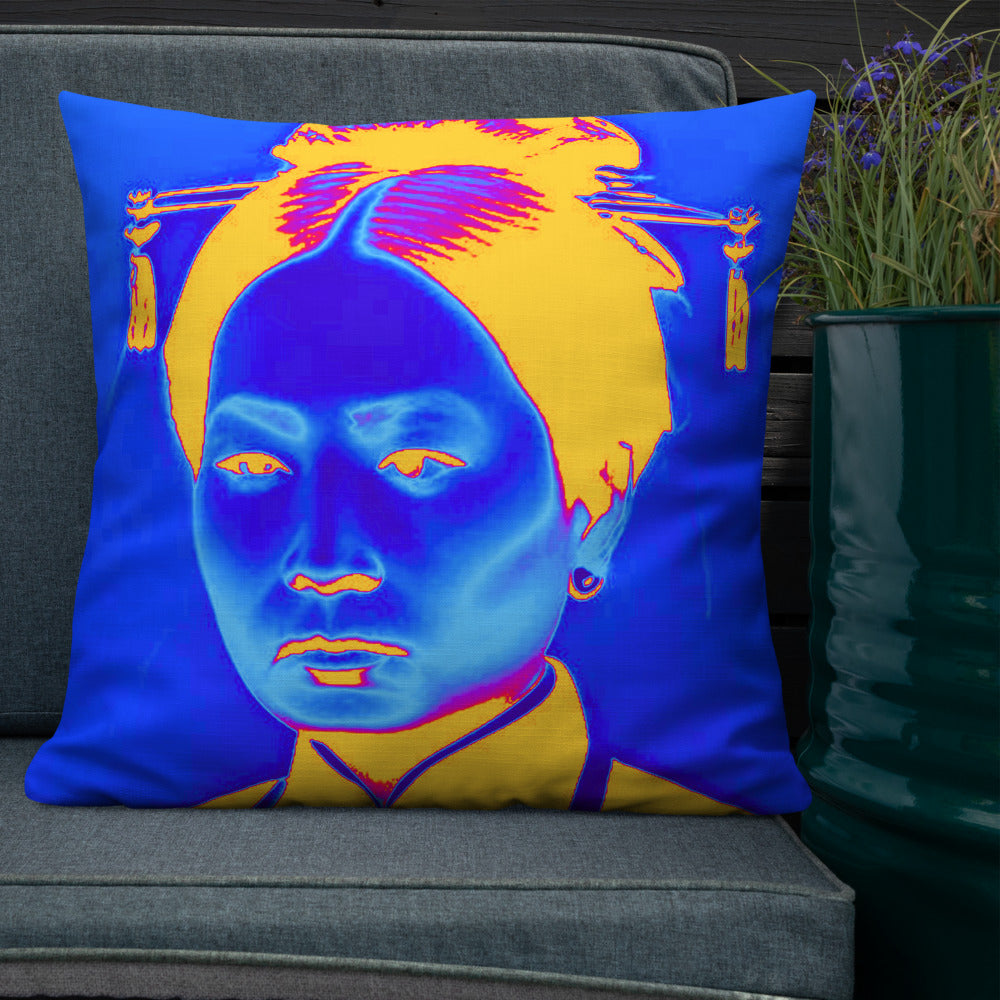 Blue Auntie design by Kirsten Blackburn on premium pillow 22x22