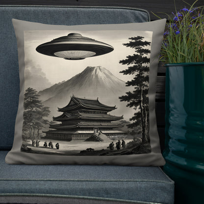 Temple UFO design by Kirsten Blackburn on premium pillow 22x22