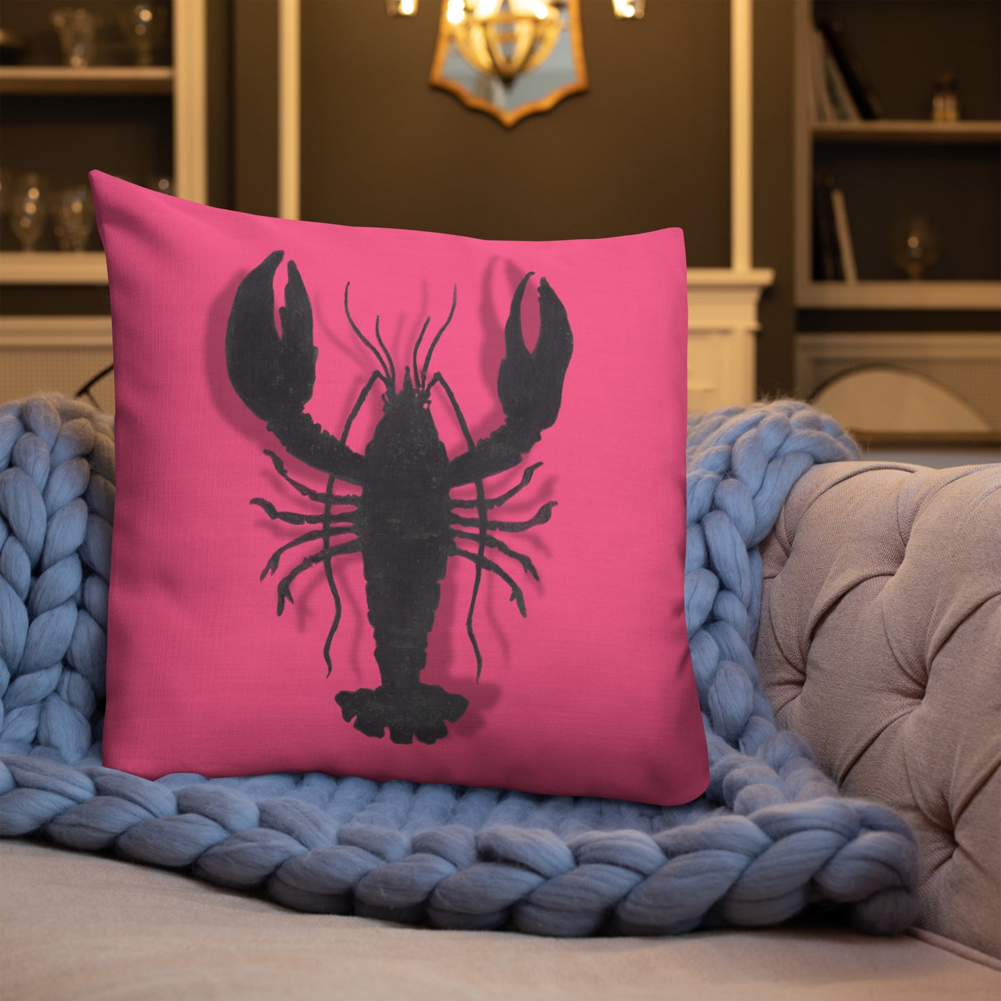 Black Lobster On Pink design by Kirsten Blackburn on 22 x22 premium pillow