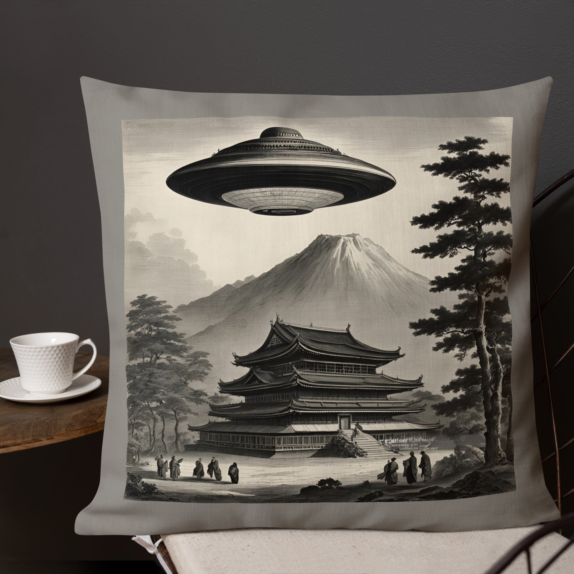 Temple UFO design by Kirsten Blackburn on premium pillow 22x22