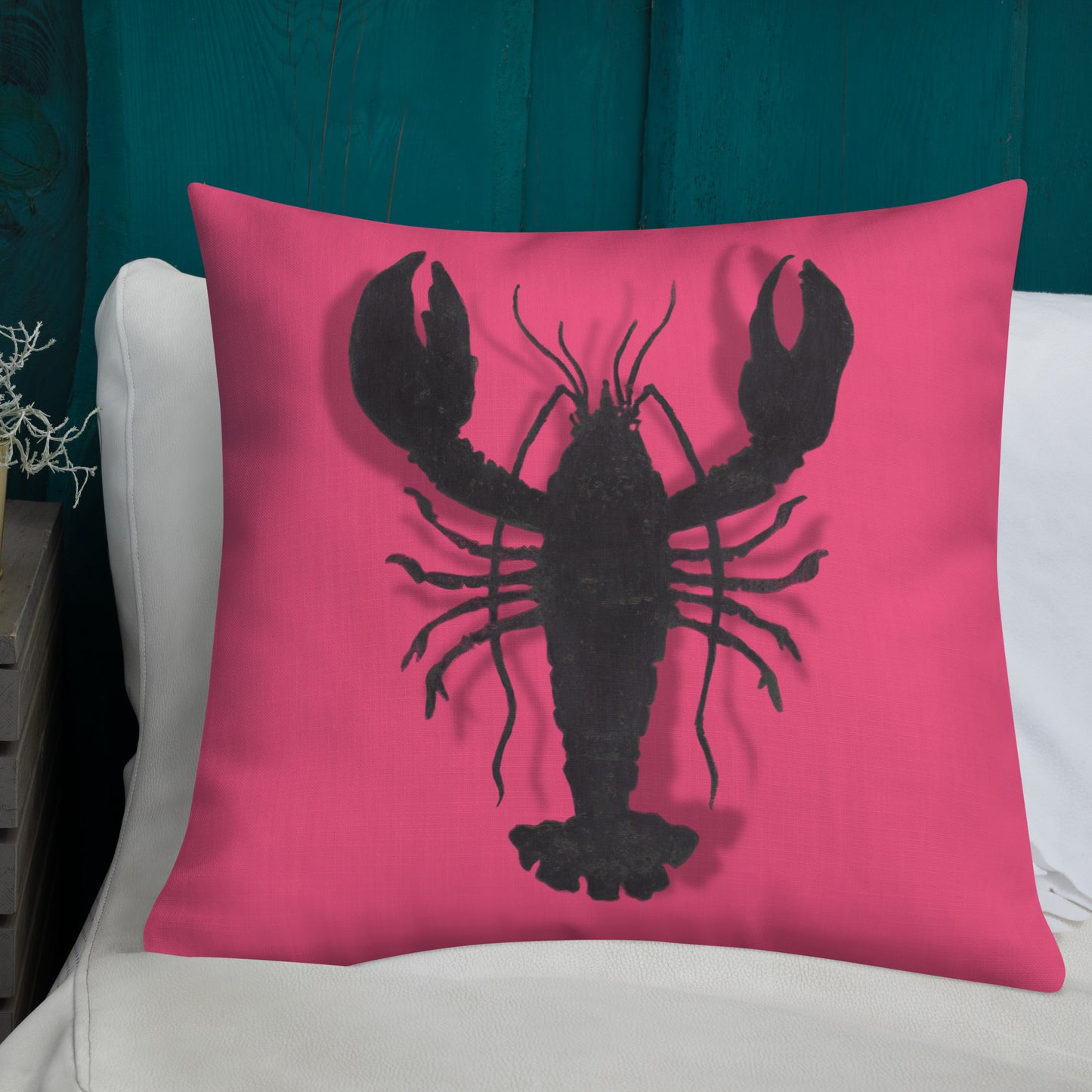 Black Lobster On Pink design by Kirsten Blackburn on 22 x22 premium pillow
