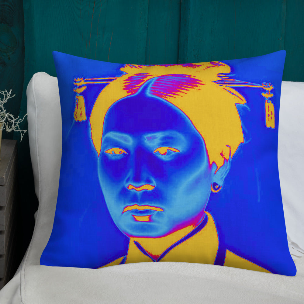 Blue Auntie design by Kirsten Blackburn on premium pillow 22x22