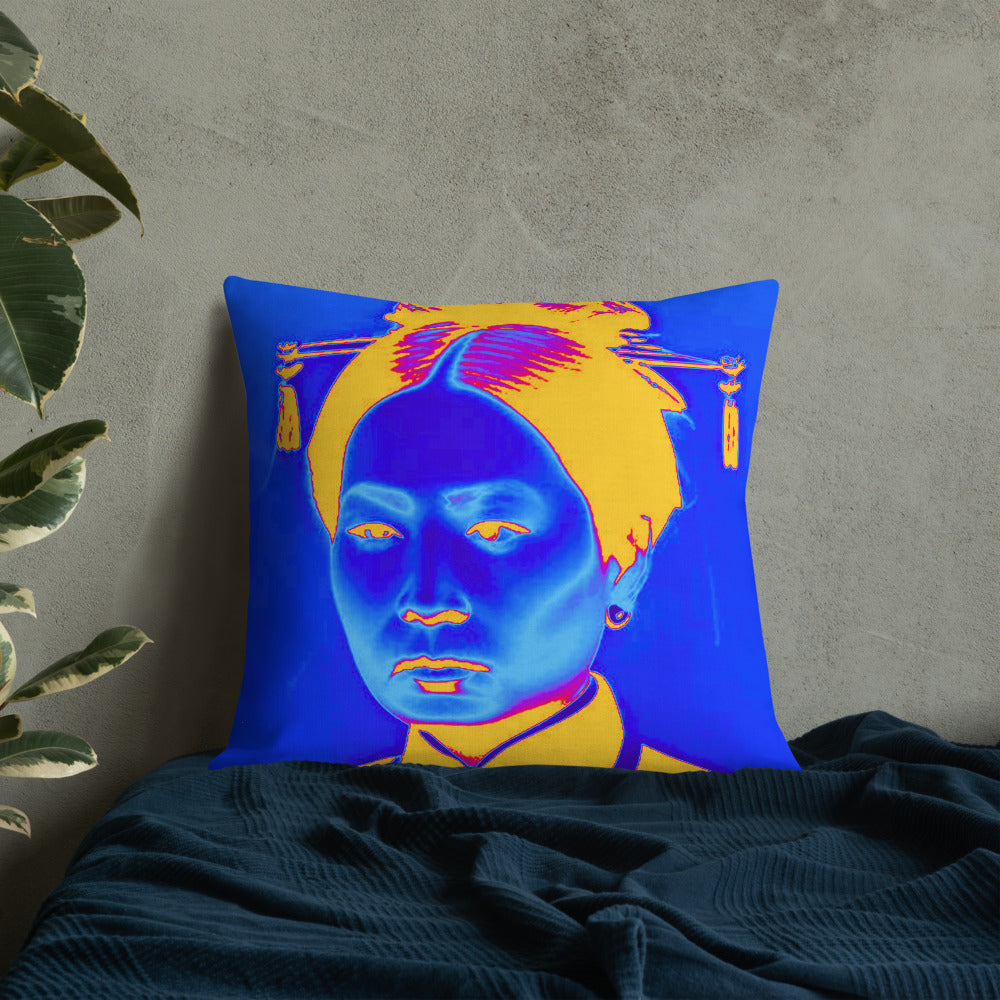 Blue Auntie design by Kirsten Blackburn on premium pillow 22x22