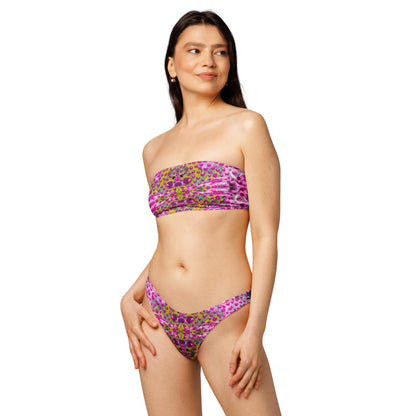 Pink Droplettes design by Kirsten Blackburn on recycled eco-friendly bandeau bikini