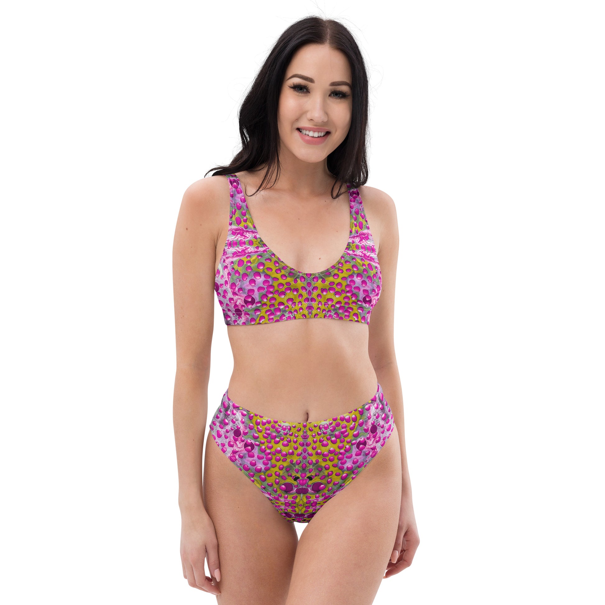 Pink Droplettes design by Kirsten Blackburn on recycled eco-friendly bikini set
