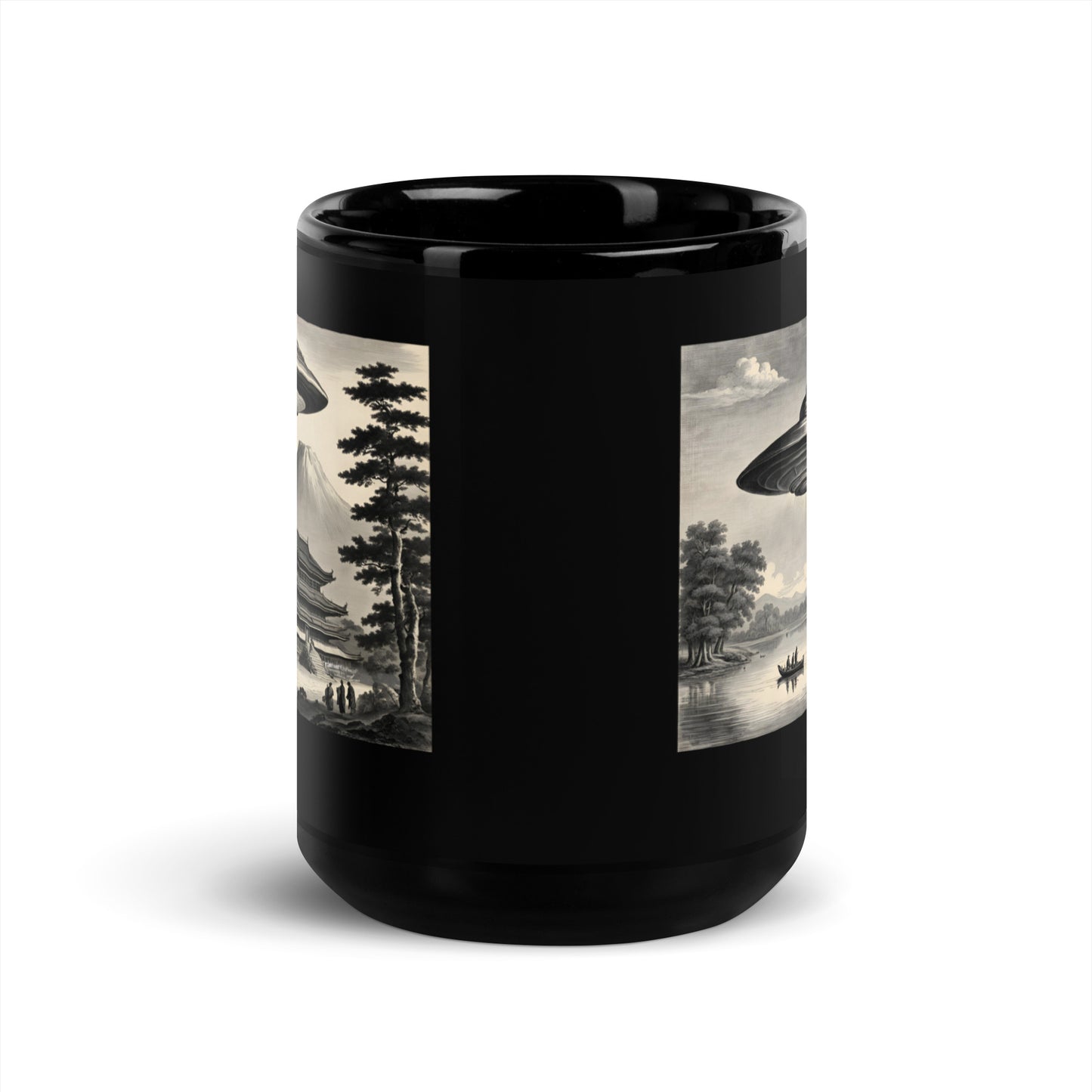 Temple UFO design by Kirsten Blackburn on 15oz black glossy mug