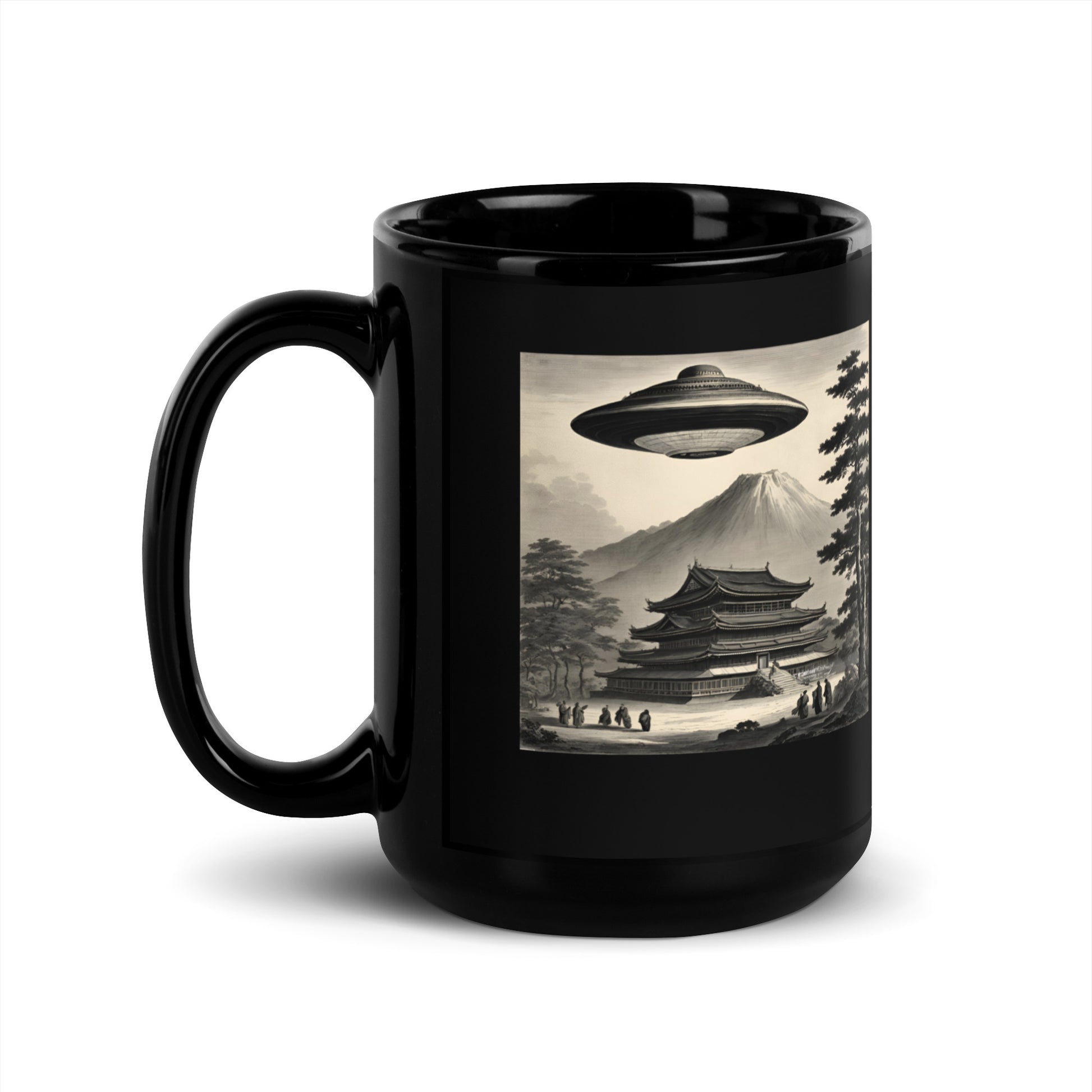 Temple UFO design by Kirsten Blackburn on 15oz black glossy mug