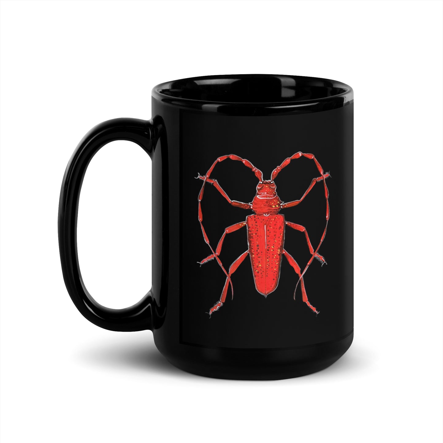 Red beetle design by Kirsten Blackburn on 15oz black glossy mug