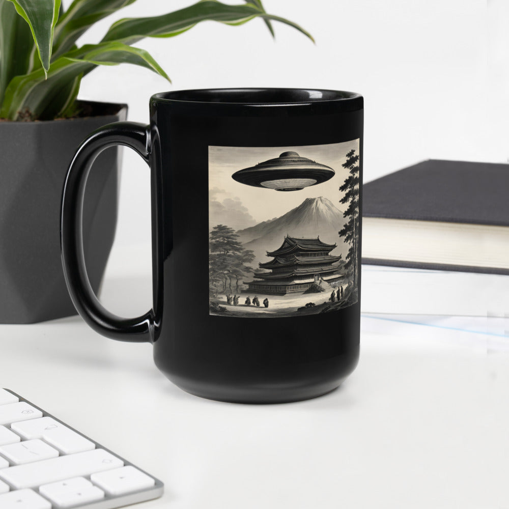 Temple UFO design by Kirsten Blackburn on 15oz black glossy mug