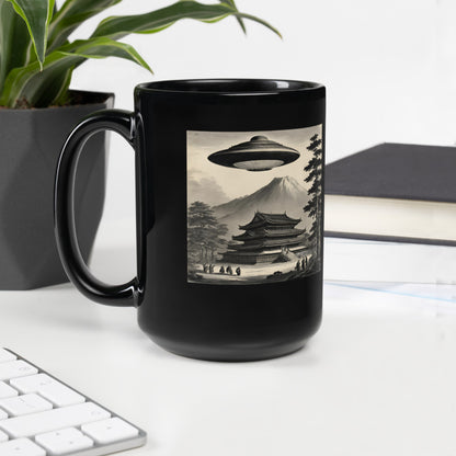 Temple UFO design by Kirsten Blackburn on 15oz black glossy mug