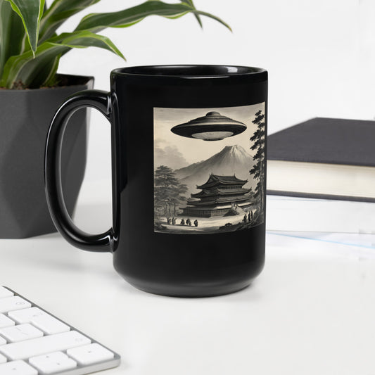 Temple UFO design by Kirsten Blackburn on 15oz black glossy mug