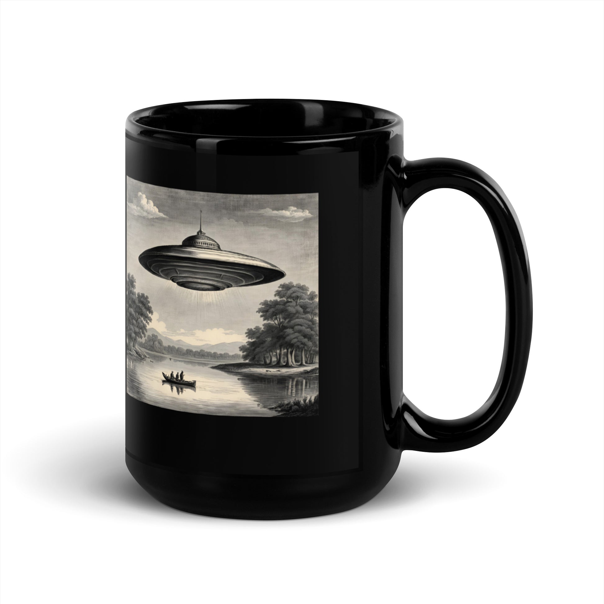 Temple UFO design by Kirsten Blackburn on 15oz black glossy mug