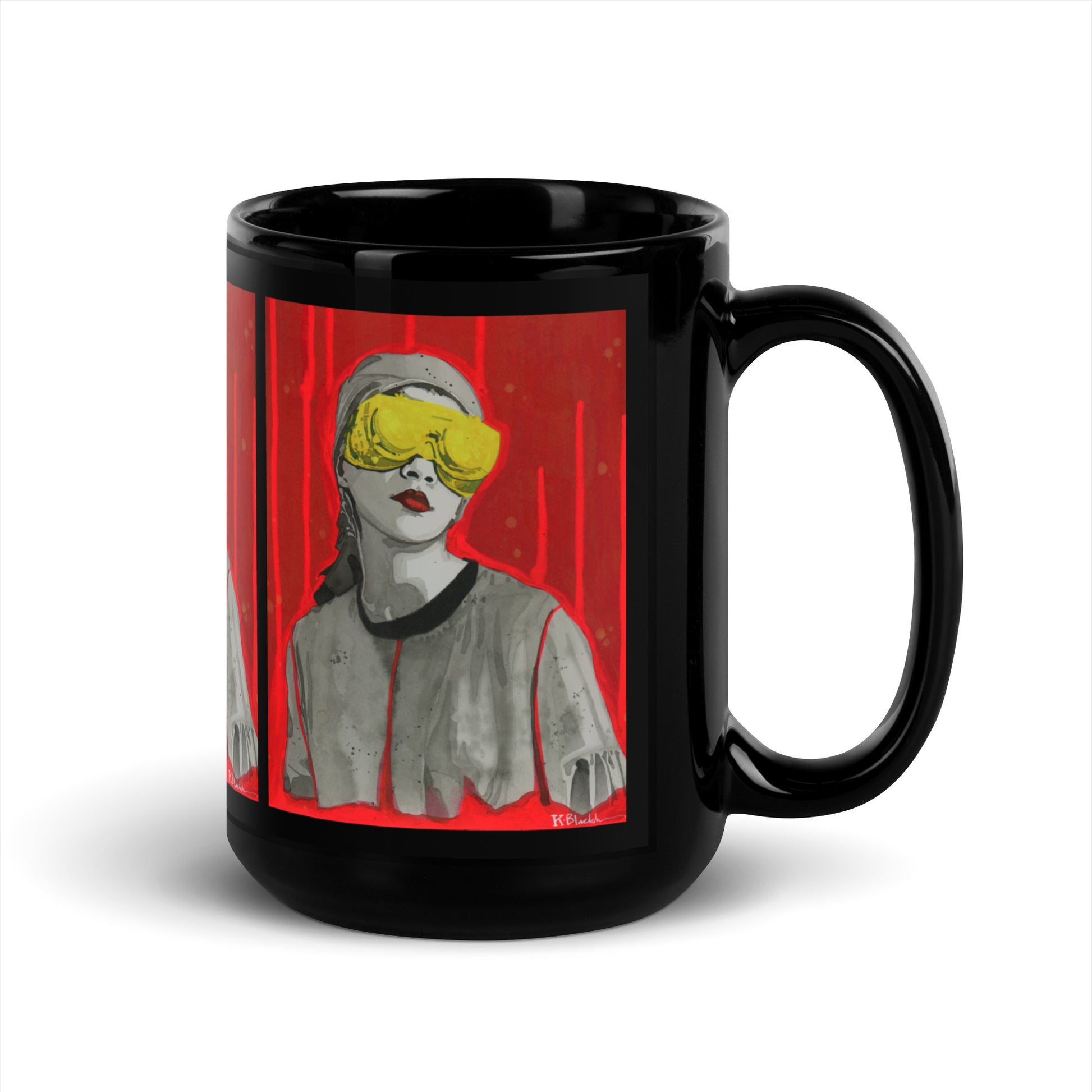 Goggle Girl design by Kirsten Blackburn on 15oz black glossy mug