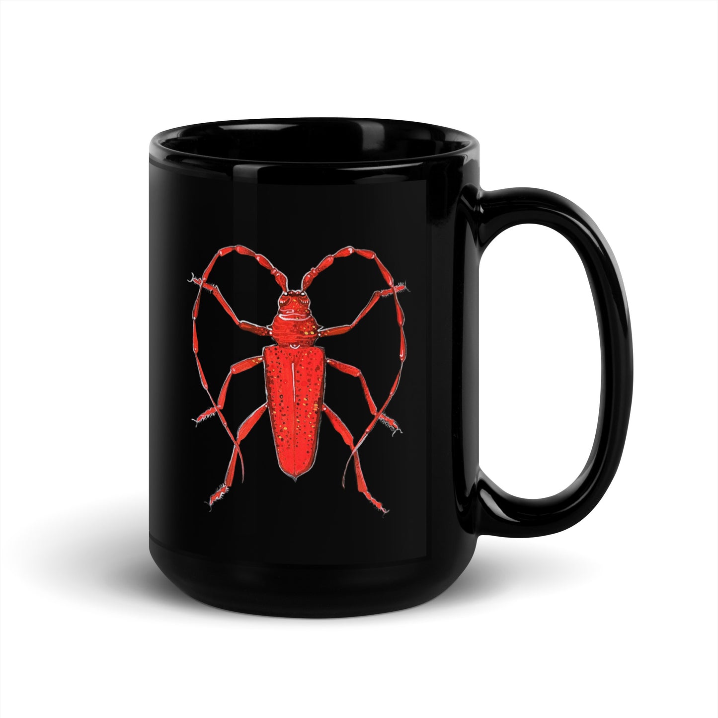 Red beetle design by Kirsten Blackburn on 15oz black glossy mug