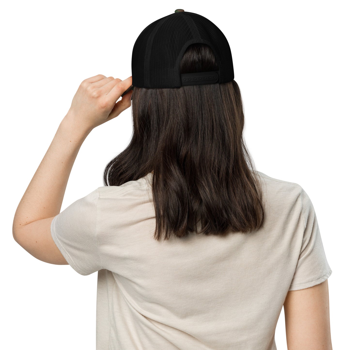 Red glitter lips design by Kirsten Blackburn embroidered on camouflage trucker hat with mesh back