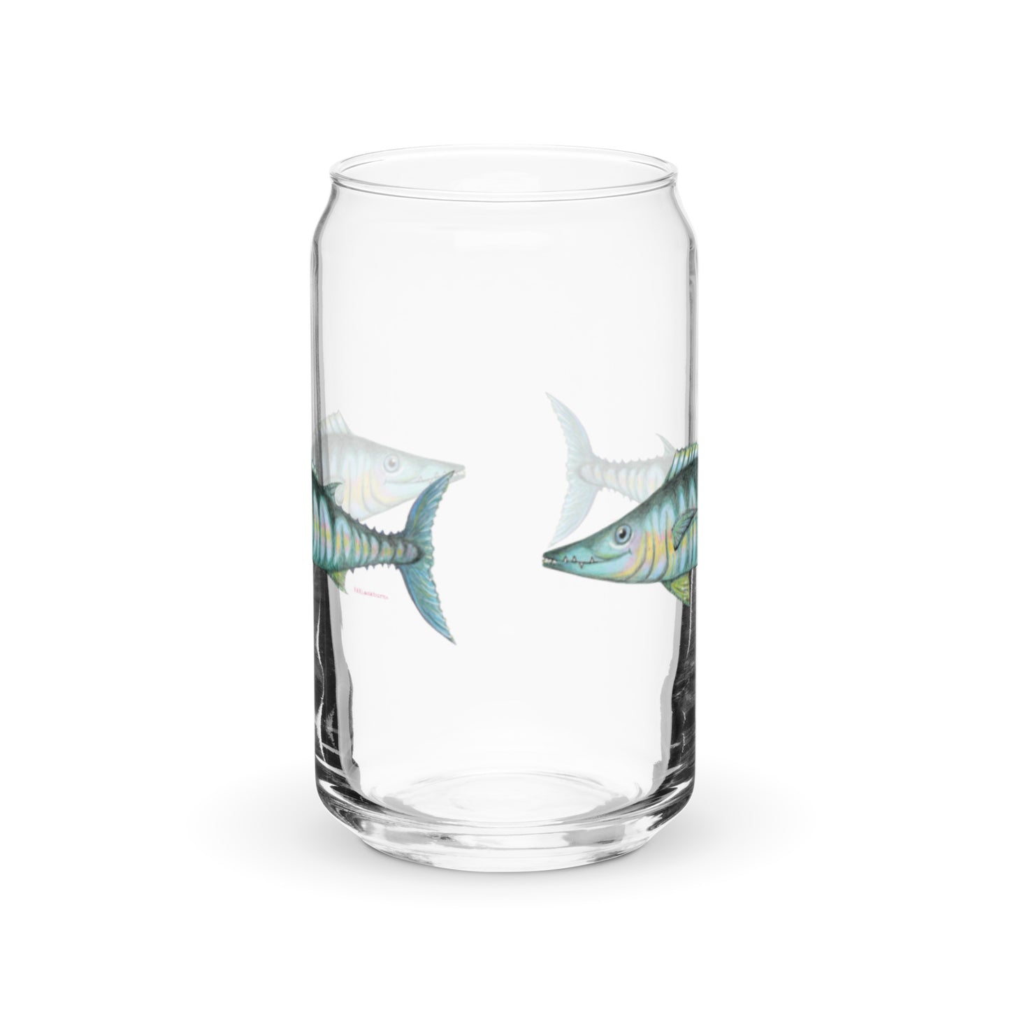 Wahoo design by Kirsten Blackburn on can-shaped glass drinkware