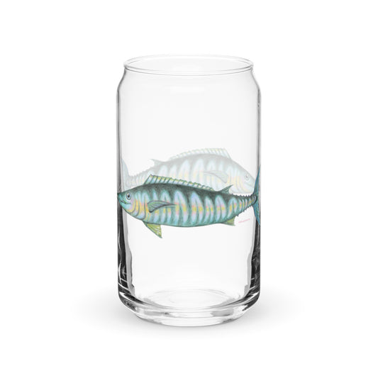 Wahoo design by Kirsten Blackburn on can-shaped glass drinkware