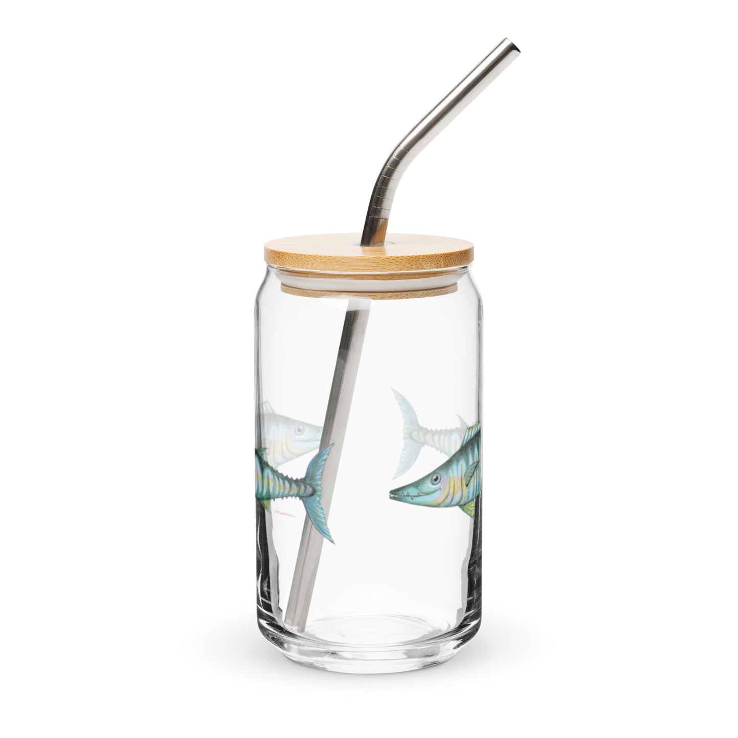 Wahoo design by Kirsten Blackburn on can-shaped glass drinkware
