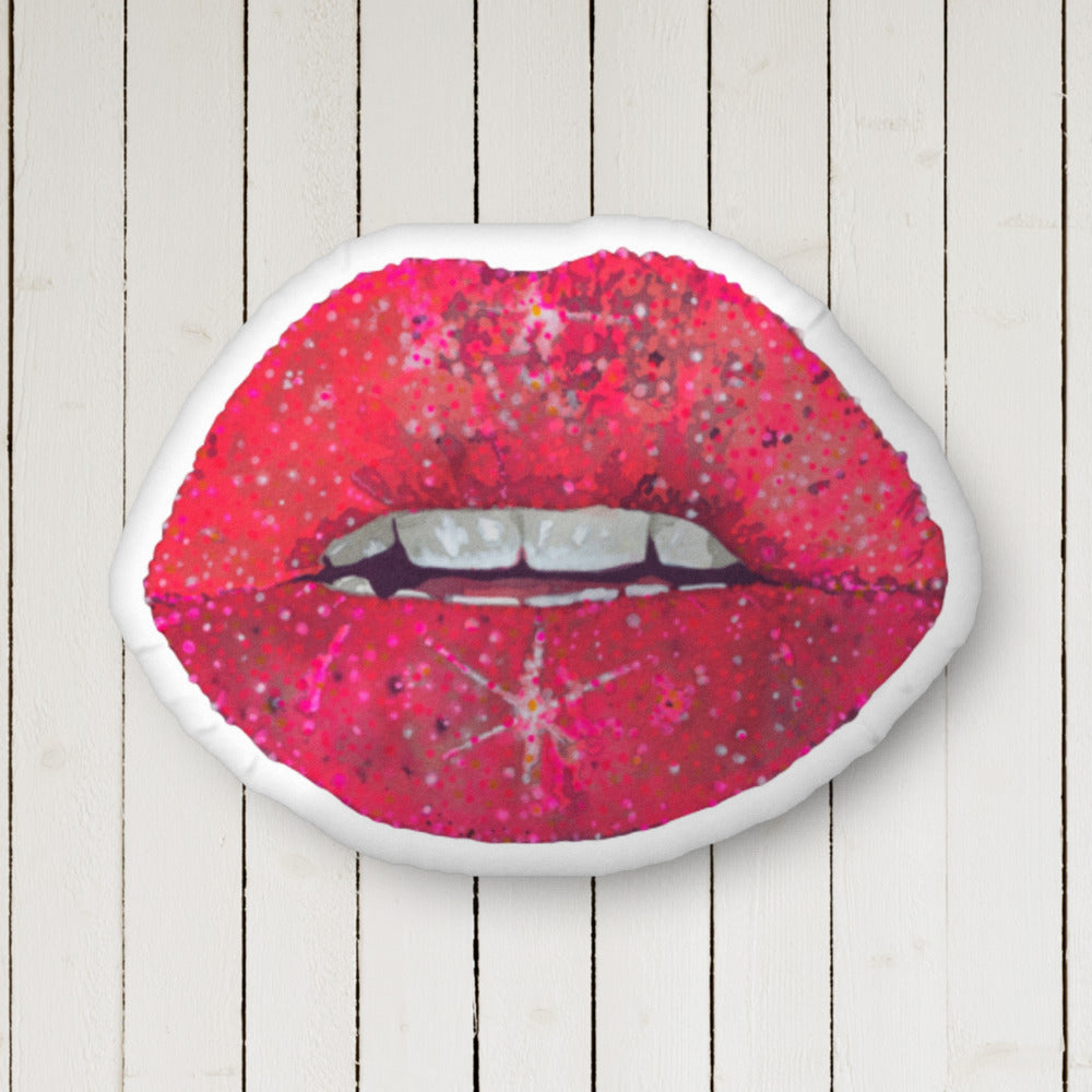 Red glitter lips design by Kirsten Blackburn on 22x16 inch custom shaped pillow