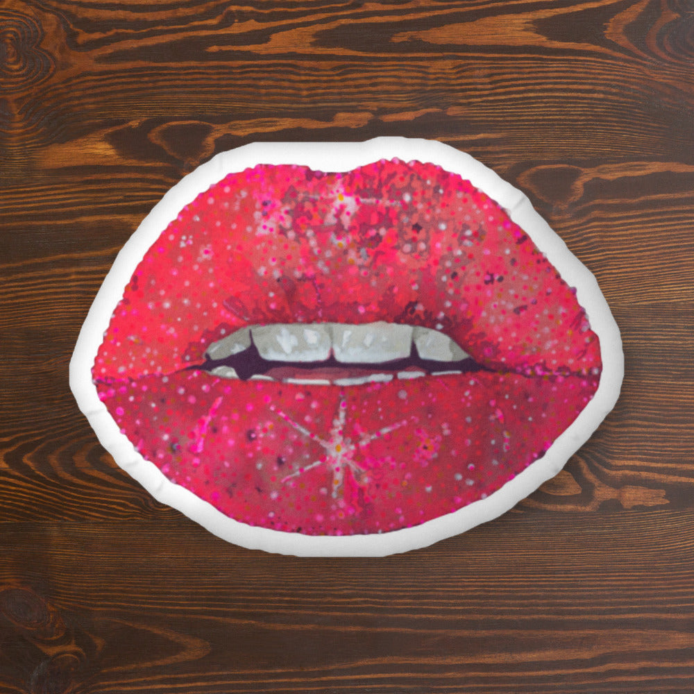 Red glitter lips design by Kirsten Blackburn on 22x16 inch custom shaped pillow
