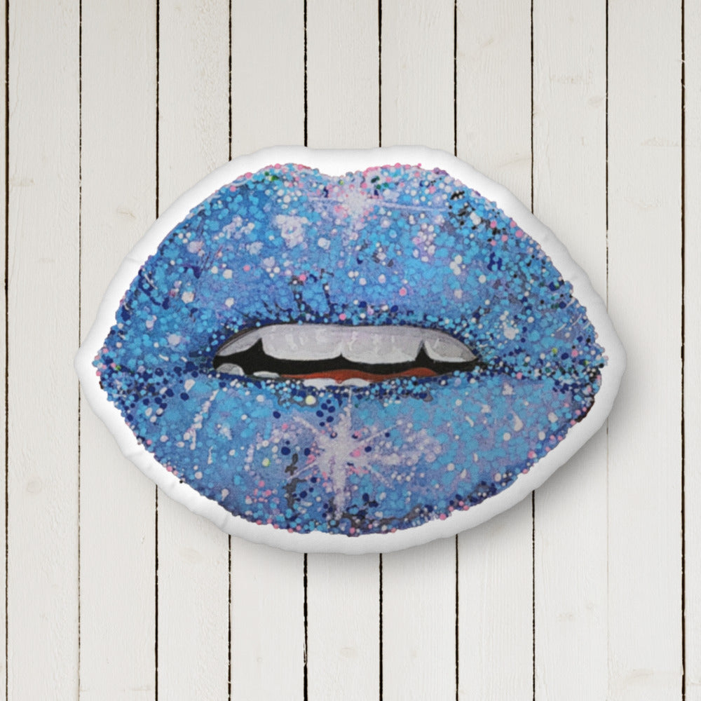 Blue glitter lips design by Kirsten Blackburn on 22x16 inch custom shaped pillow