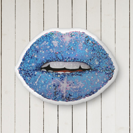 Blue glitter lips design by Kirsten Blackburn on 22x16 inch custom shaped pillow