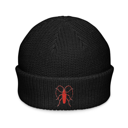 Red Beetle design by Kirsten Blackburn on fisherman beanie