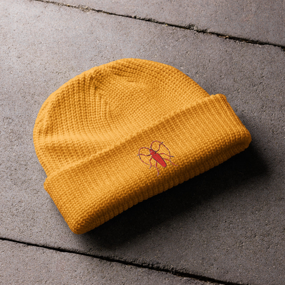 Red Beetle design by Kirsten Blackburn on fisherman beanie