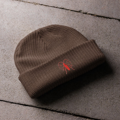 Red Beetle design by Kirsten Blackburn on fisherman beanie