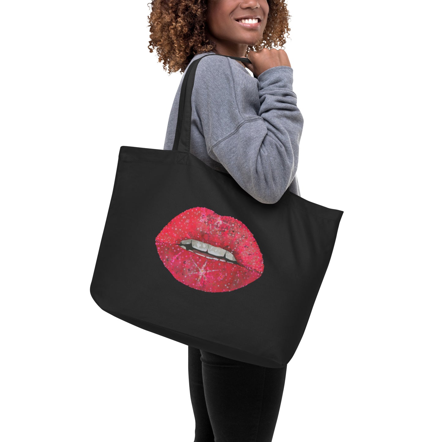 Red Glitter Lips design by Kirsten Blackburn on large organic tote bag