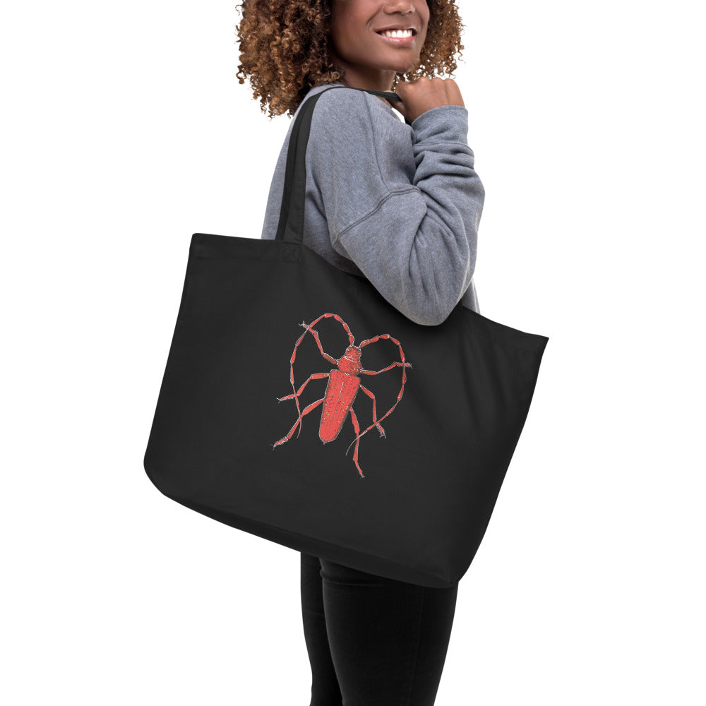 Red Beetle design by Kirsten Blackburn on large organic tote bag