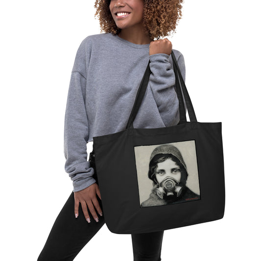 Inhale Exile design by Kirsten Blackburn on large black organic cotton tote bag