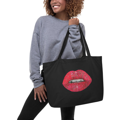 Red Glitter Lips design by Kirsten Blackburn on large organic tote bag