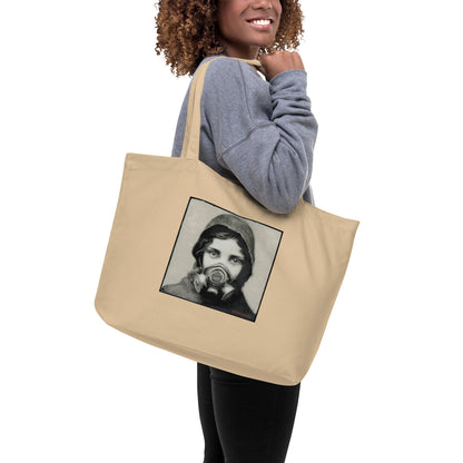 Inhale Exile design by Kirsten Blackburn on large organic tote bag in Oyster