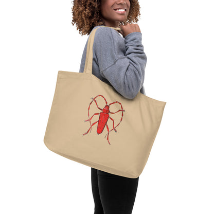 Red Beetle design by Kirsten Blackburn on large organic tote bag