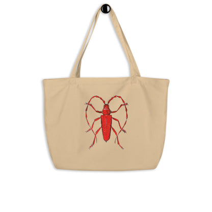 Red Beetle design by Kirsten Blackburn on large organic tote bag
