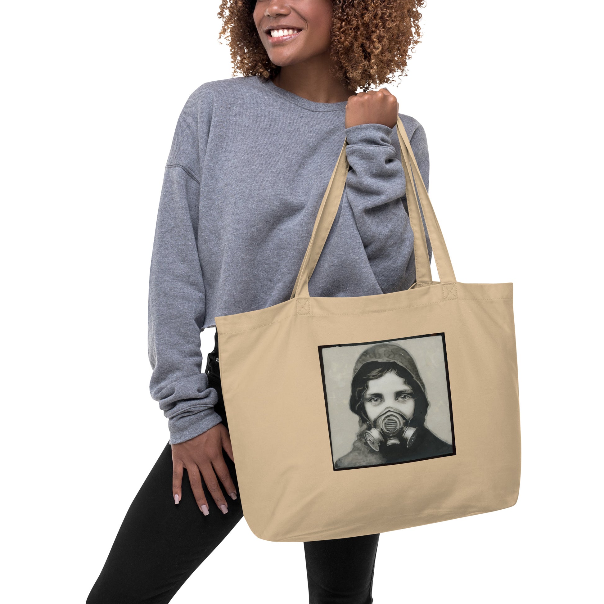 Inhale Exile design by Kirsten Blackburn on large organic tote bag in Oyster