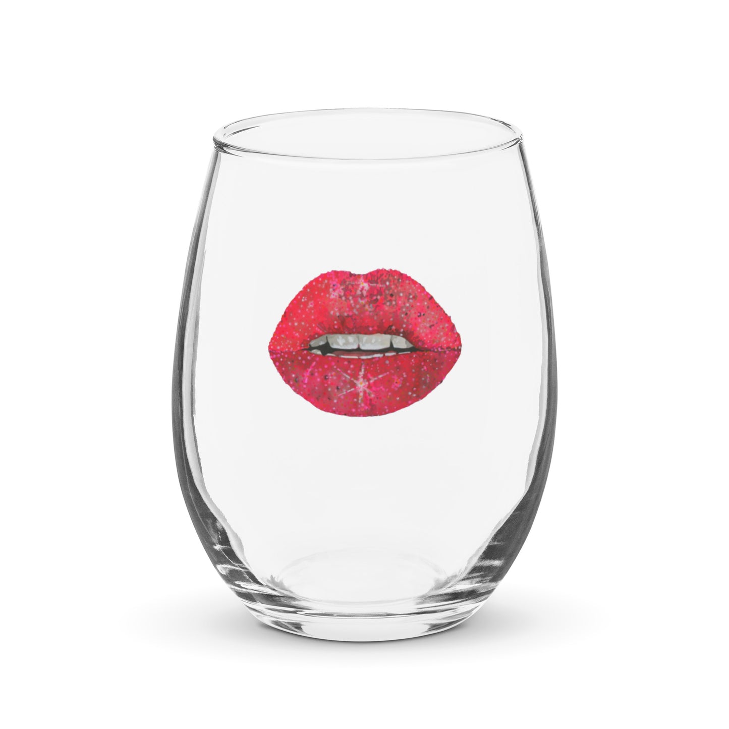 Red glitter lips design by Kirsten Blackburn on stemless wine glass