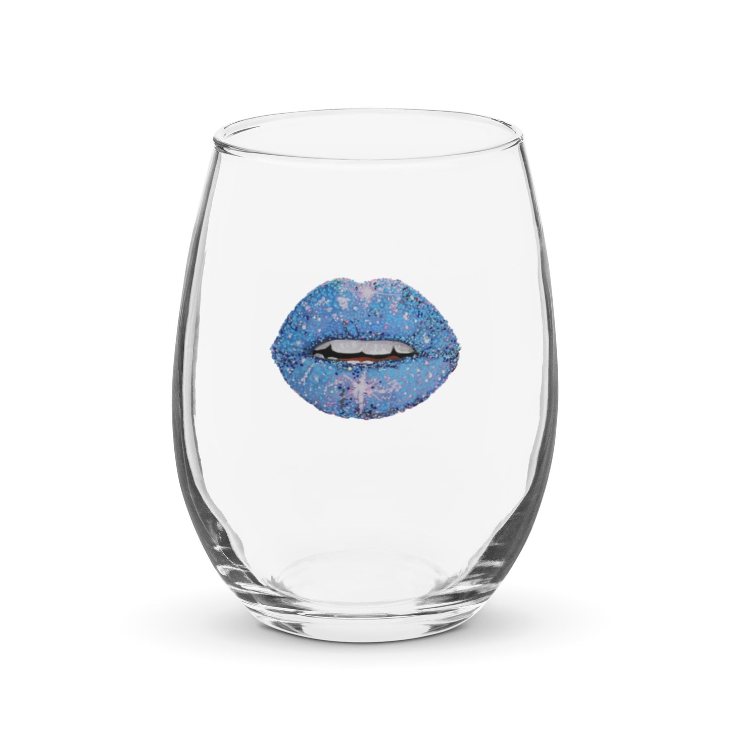 Blue glitter lips design by Kirsten Blackburn on stemless wine glass