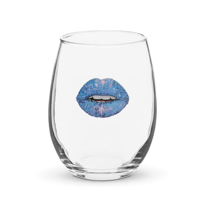 Blue glitter lips design by Kirsten Blackburn on stemless wine glass