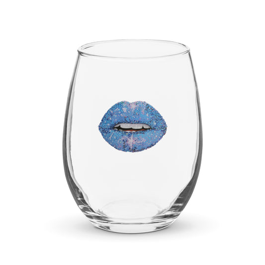 Blue glitter lips design by Kirsten Blackburn on stemless wine glass