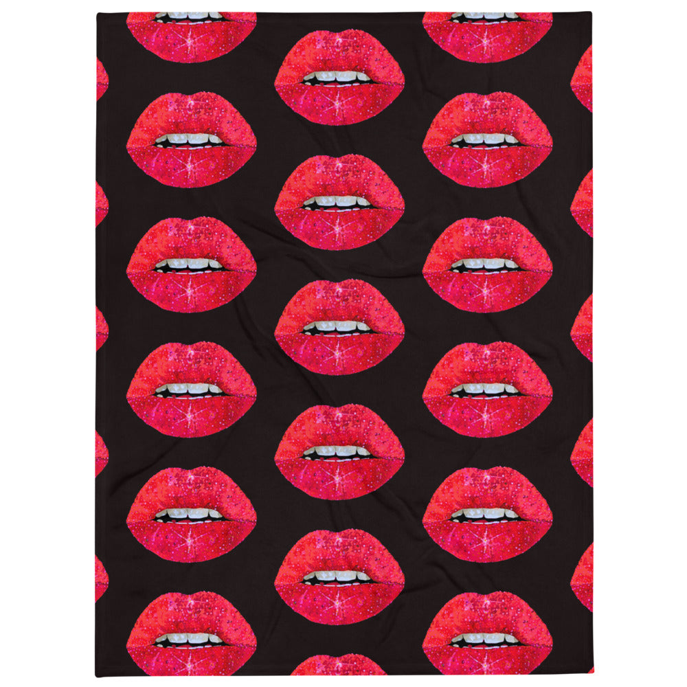 Red Glitter Lips design by Kirsten Blackburn on throw blanket 60x80
