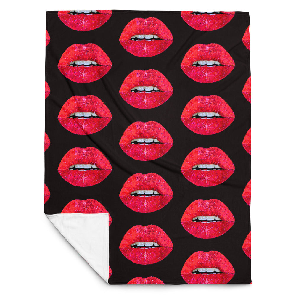 Red Glitter Lips design by Kirsten Blackburn on throw blanket 60x80