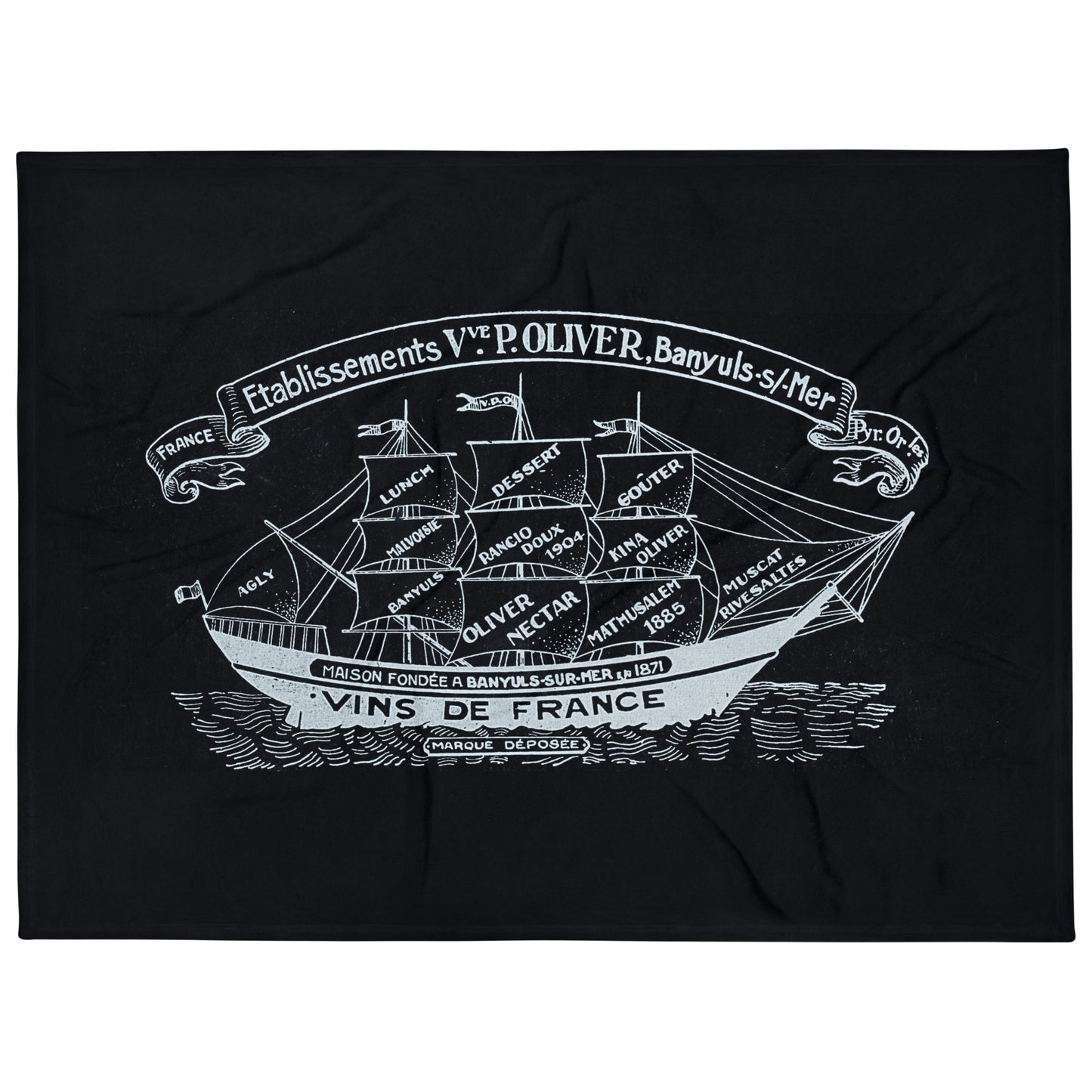 Vintage Sailing Ship design by Kirsten Blackburn on deep blue throw blanket 60x80