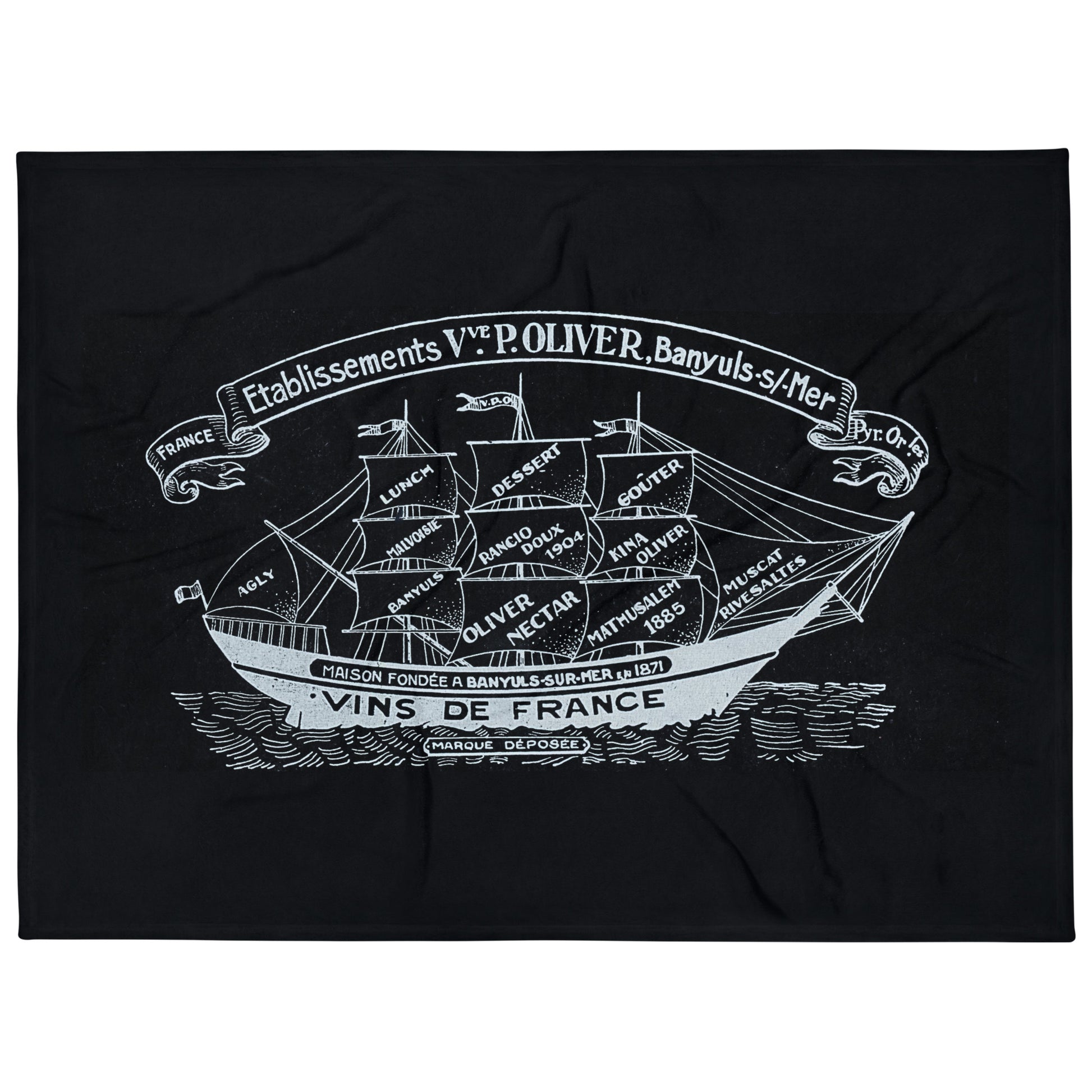 Vintage Sailing Ship design by Kirsten Blackburn on deep blue throw blanket 60x80