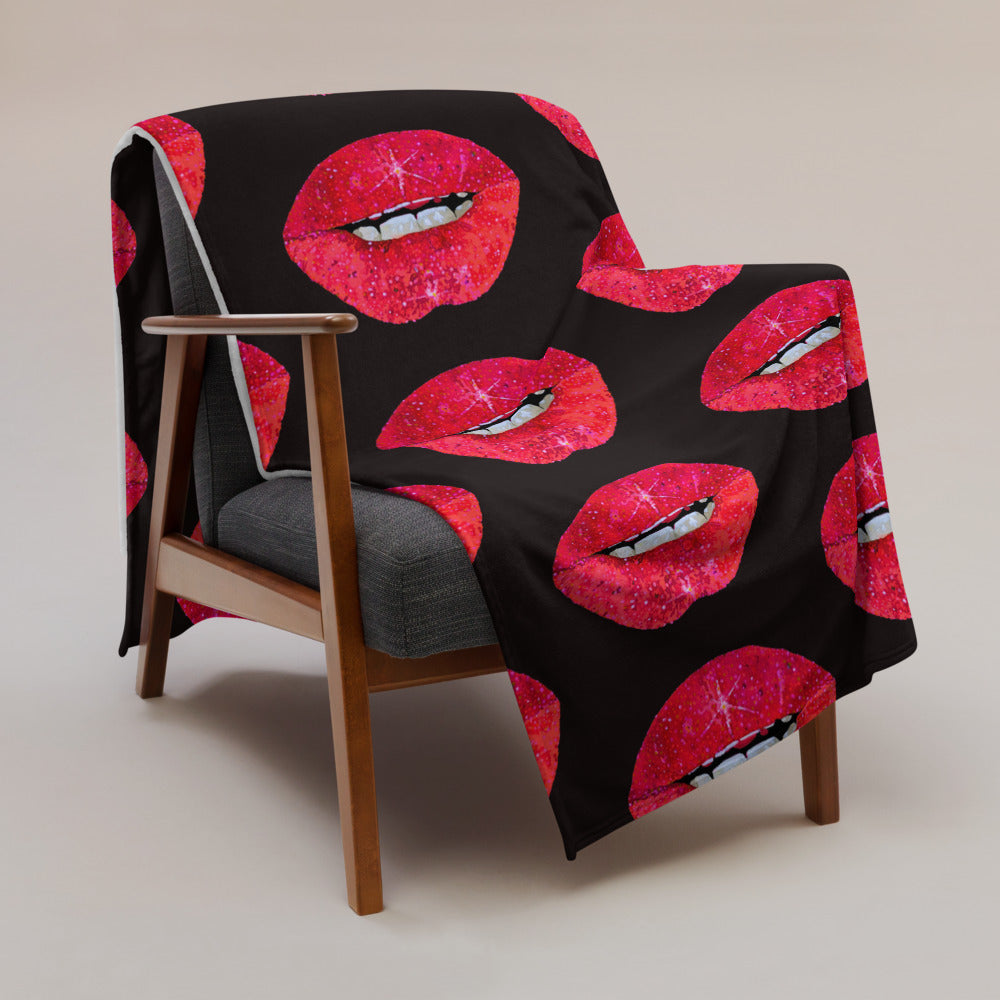 Red Glitter Lips design by Kirsten Blackburn on throw blanket 60x80